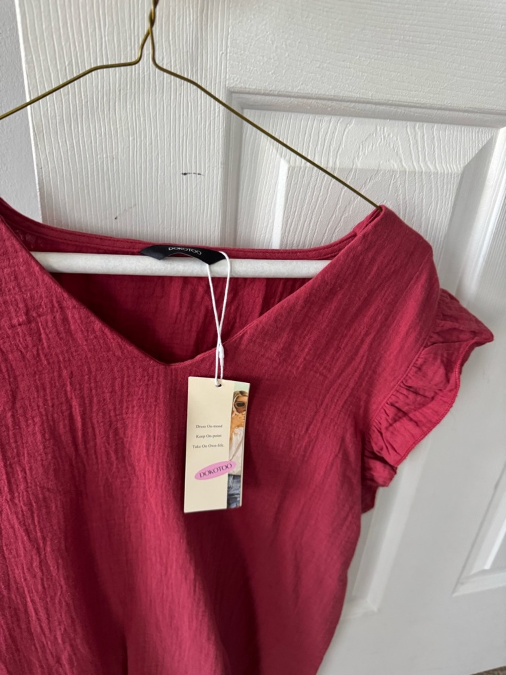 Ruffled Sleeve V-Neck Blouse - Raspberry - Picture 2 of 5